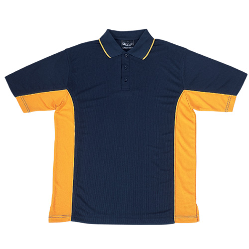 Navy gold, Breezeway Panel  Polo Shirt Short sleeve      UPF: excellent protection     160gsm, 100% breezeway polyester fabric     Breathable  micromesh fabric     Draws Sweat from Body, Quick Dry